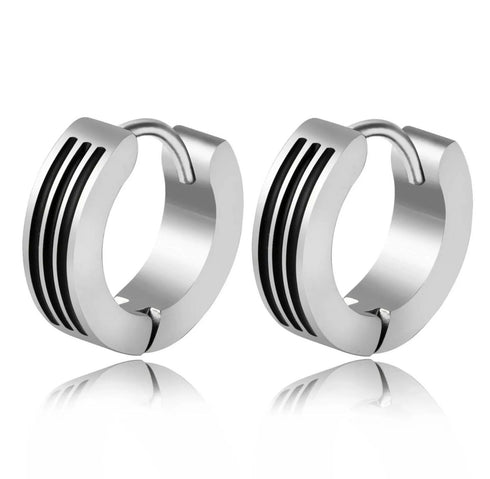 316L Surgical Steel Classic 3 Black Striped Enamel Men & Women Hoop Earrings